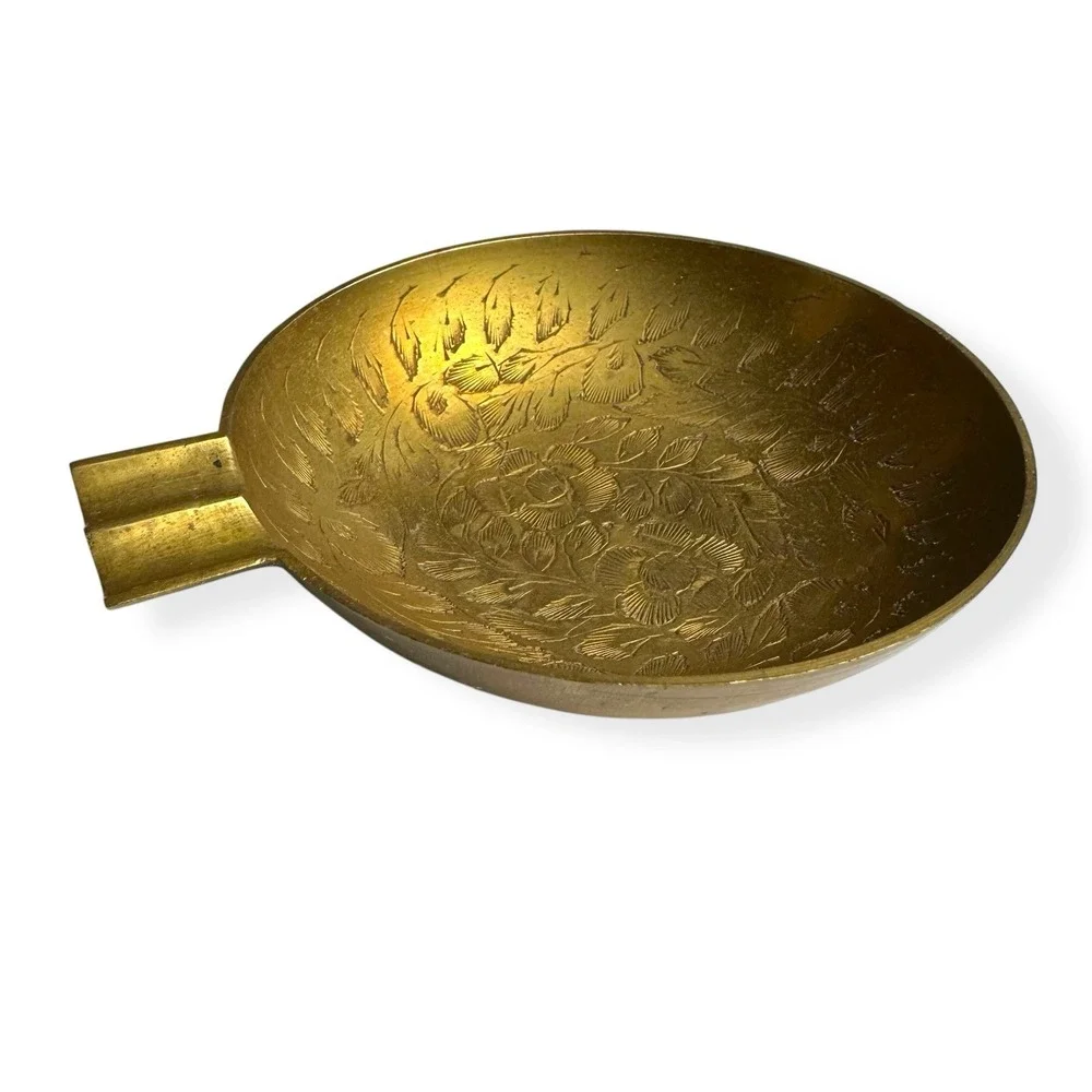 Vintage Mid‎ Century Brass Ashtray Cigarette Cigar India Ornate Marked Metal 4